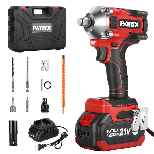 PATIOX Power Impact Wrench High Torque 1/2" Electric Impact Gun,Impact Wrench Max Torque 410 ft lbs, Cordless, Impact wrenchs Kit with 4.0A Battery,Fast Charger LED Light