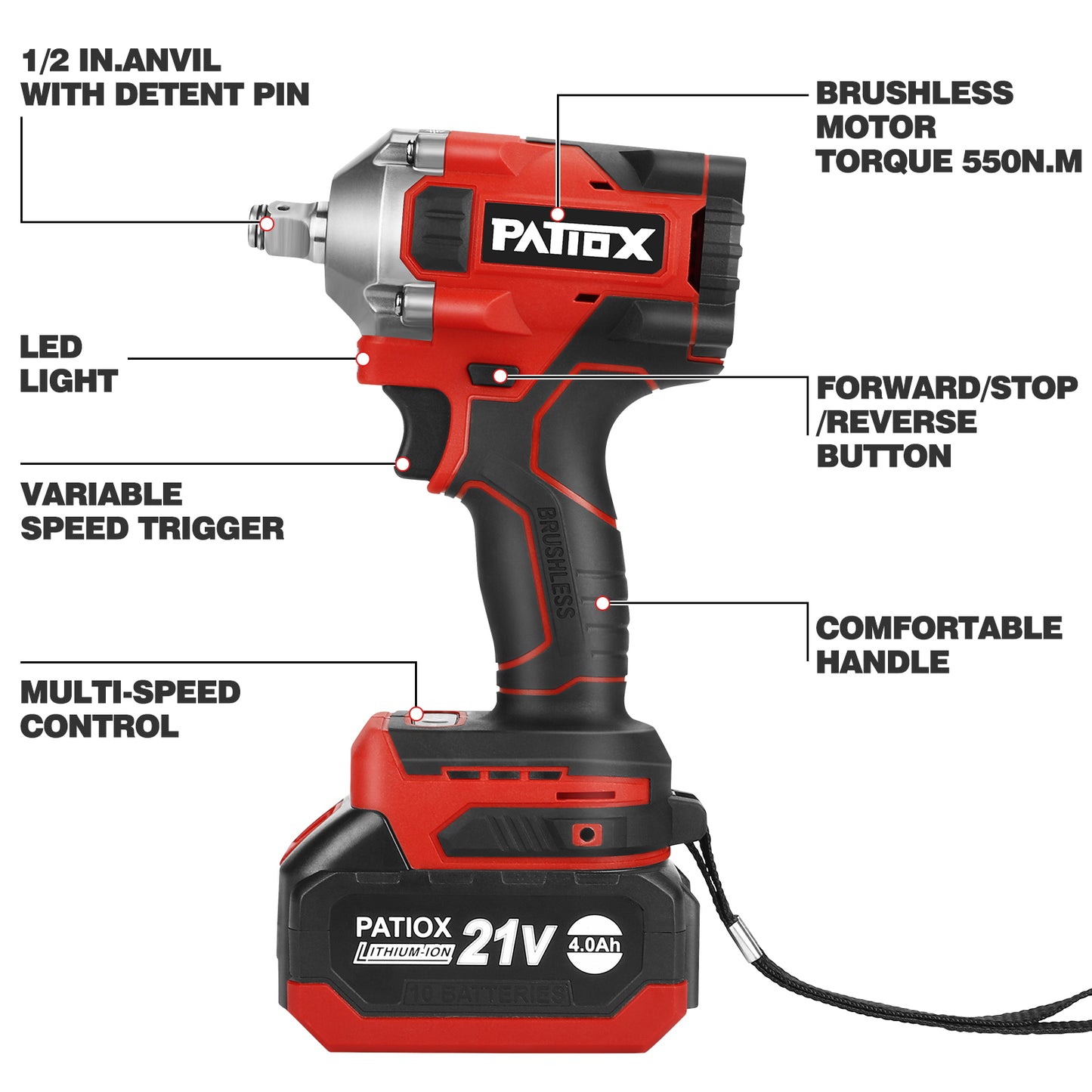 PATIOX Power Impact Wrench High Torque 1/2" Electric Impact Gun,Impact Wrench Max Torque 410 ft lbs, Cordless, Impact wrenchs Kit with 4.0A Battery,Fast Charger LED Light