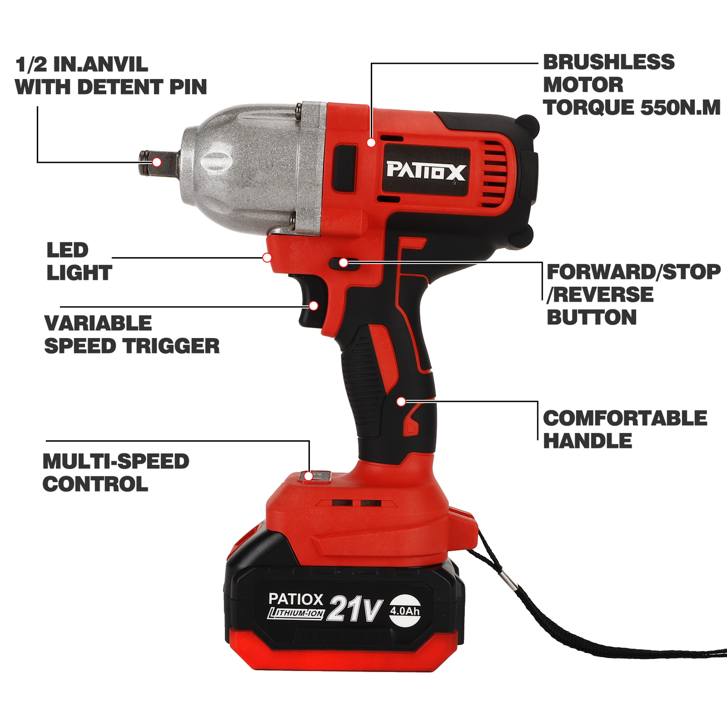 PATIOX Power Impact Wrench High Torque 1/2" Electric Impact Gun,Impact Wrench Max Torque 600 ft lbs, Cordless, Impact wrenchs Kit with 4.0A Battery,Fast Charger LED Light